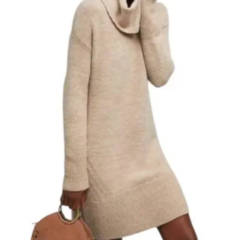 Anthropologie - Sonoran Wool Cashmere Cowl Neck Dress -  Tan - S
